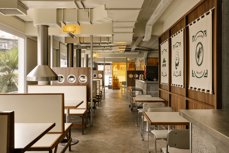 Santokki Restaurant / Tadu Arquitetura-インテリア写真、ダイニングルーム、木材、照明、椅子